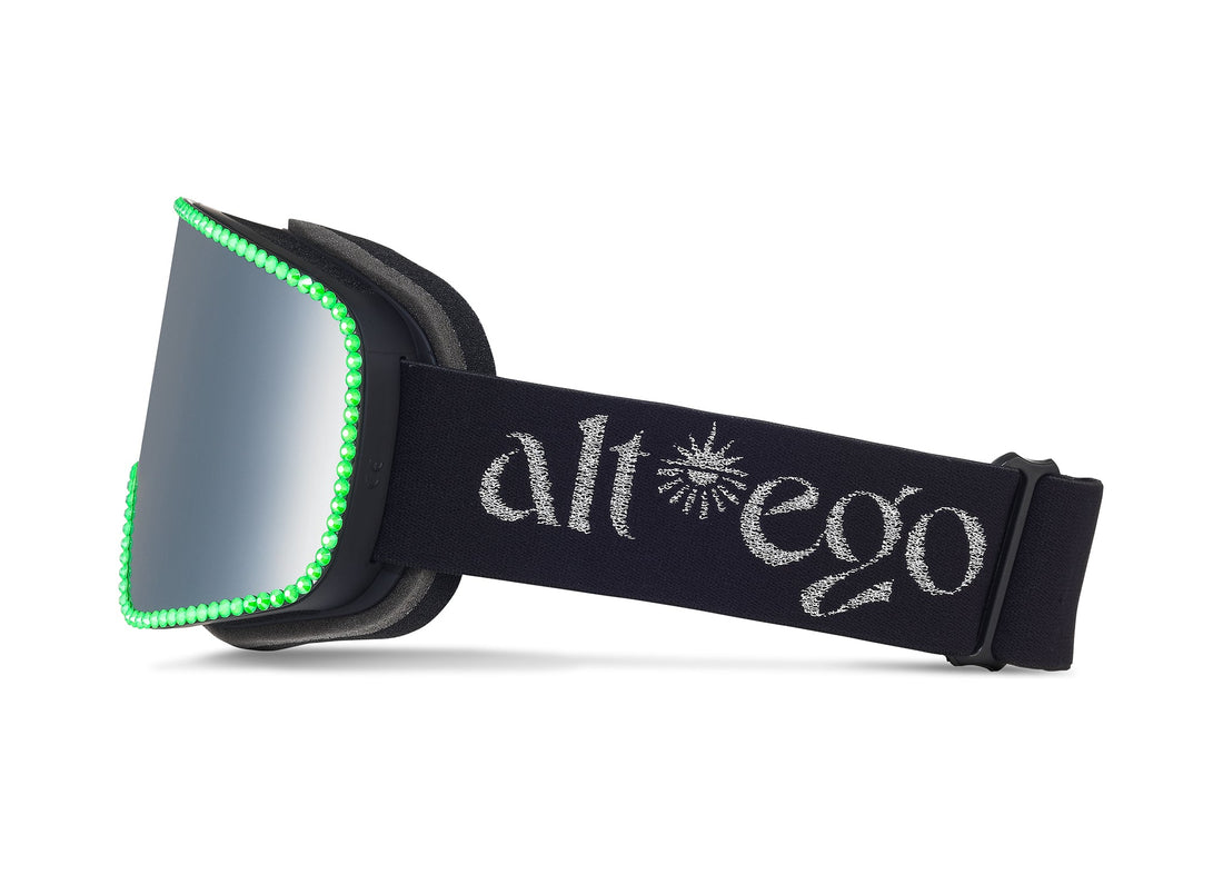 Disco Goggle - Silver Lens with Neon Green Crystals